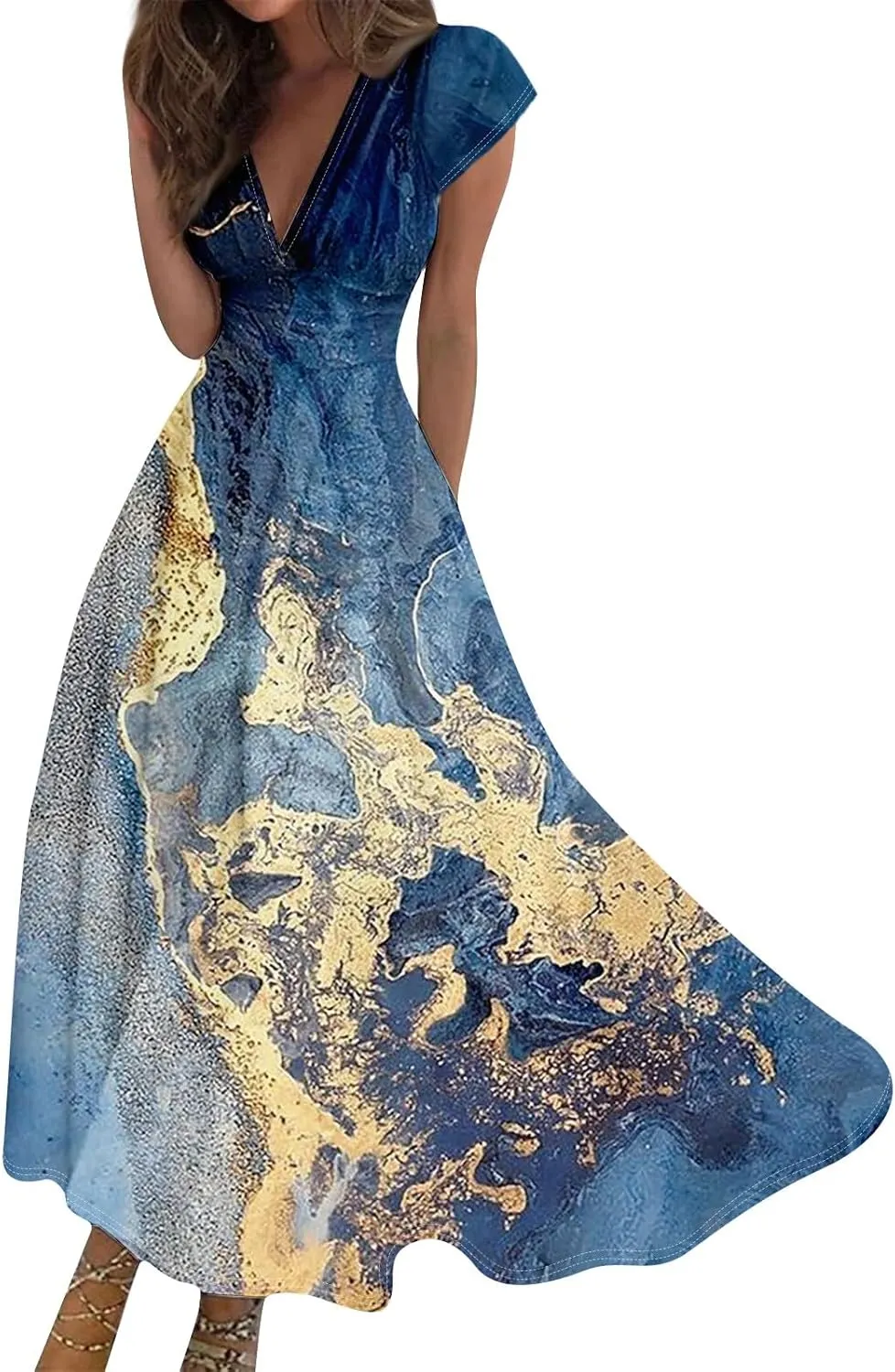 Easter Dresses for Women 2025 Short Sleeve Flower Swing Dress Sexy Deep V Neck Flowy Maxi Dress Boho Frocks