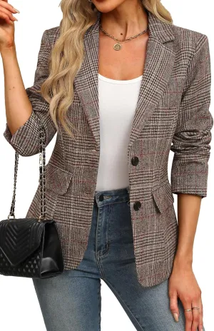 ELLEVEN Women's Lapel Collar Plaid 2 Button Boyfriend Blazer Suit Houndstooth Work Office Blazer Jacket