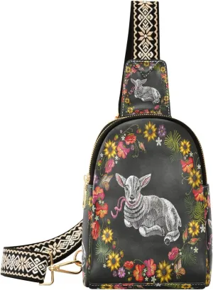 Embroidery Lamb Cute Fanny Pack Crossbody PC Leather Small Sling Bag for Women Flowers Wreath Fashion Waist Packs Chest Bag for Travel Sports Running Hiking