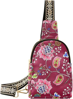 Ethnic Flowers Fanny Pack Crossbody PC Leather Small Sling Bag for Women Chinese Embroidery Fashion Waist Packs Chest Bag for Travel Sports Running Hiking