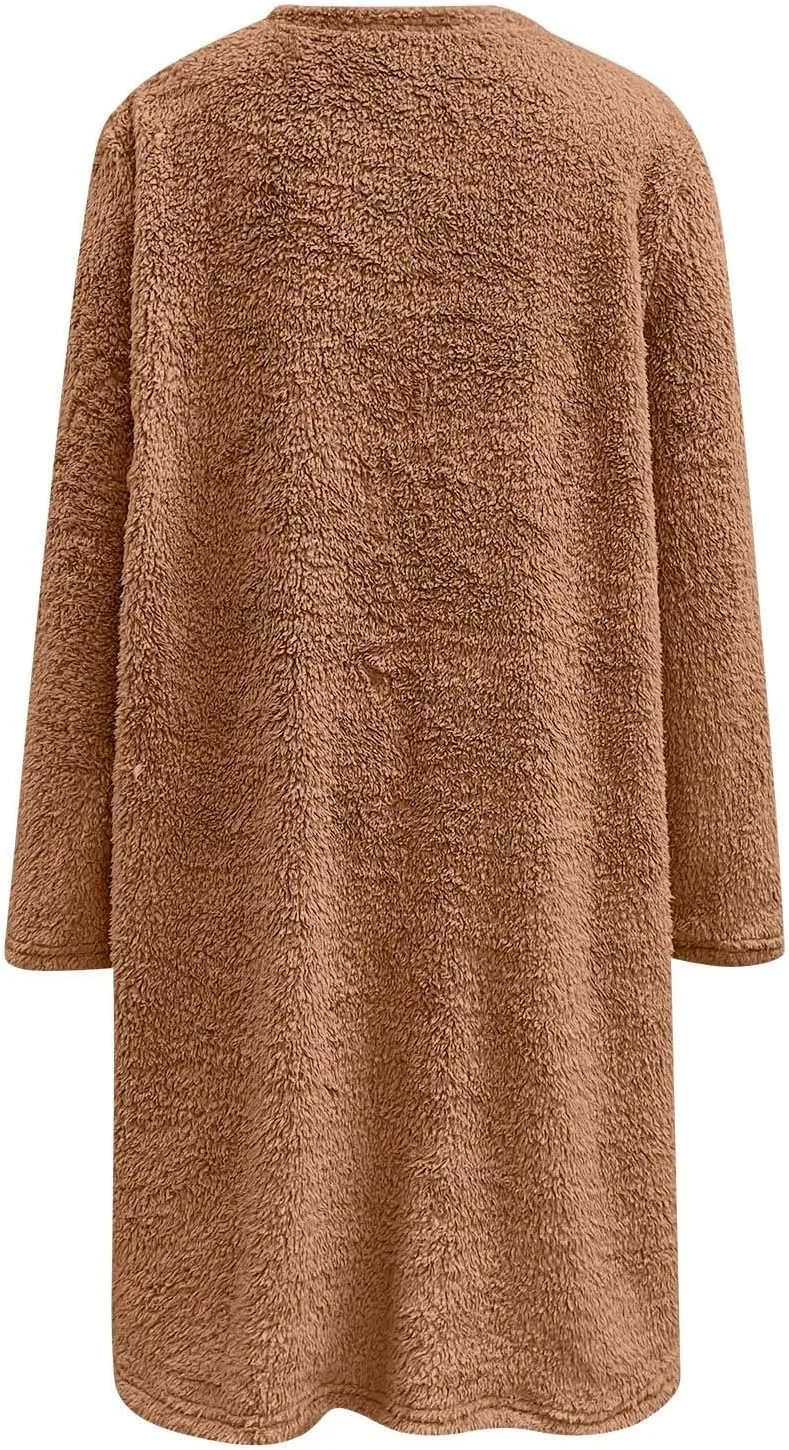 Fall Sweaters for Women 2024 Long Fuzzy Fleece Pullover Trendy Casual Crewneck Sweatshirt Shaggy Coat with Pockets