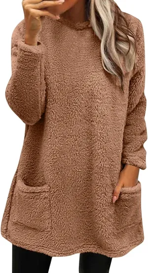 Fall Sweaters for Women 2024 Long Fuzzy Fleece Pullover Trendy Casual Crewneck Sweatshirt Shaggy Coat with Pockets