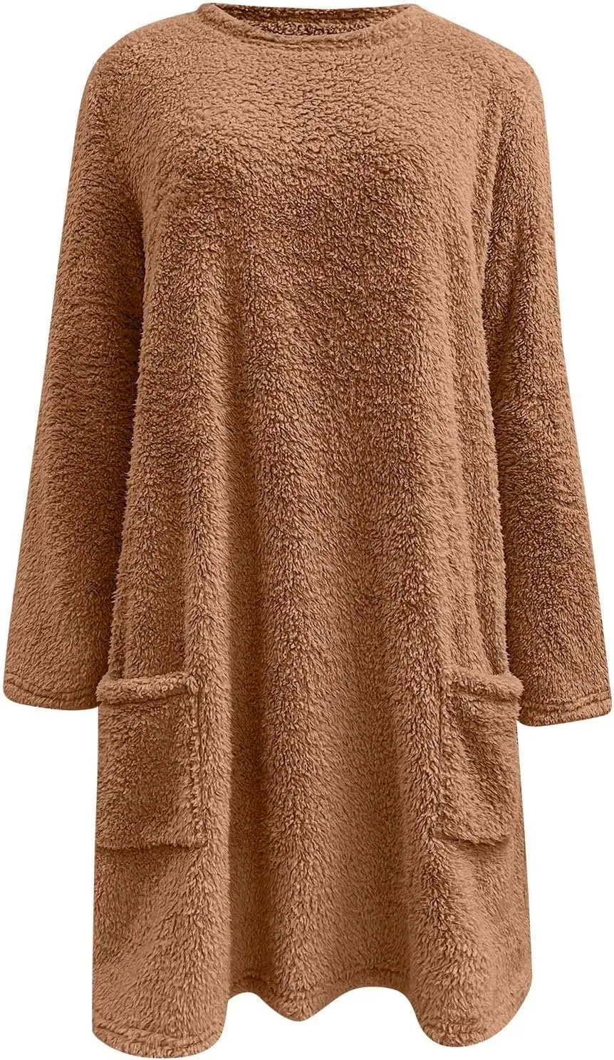 Fall Sweaters for Women 2024 Long Fuzzy Fleece Pullover Trendy Casual Crewneck Sweatshirt Shaggy Coat with Pockets