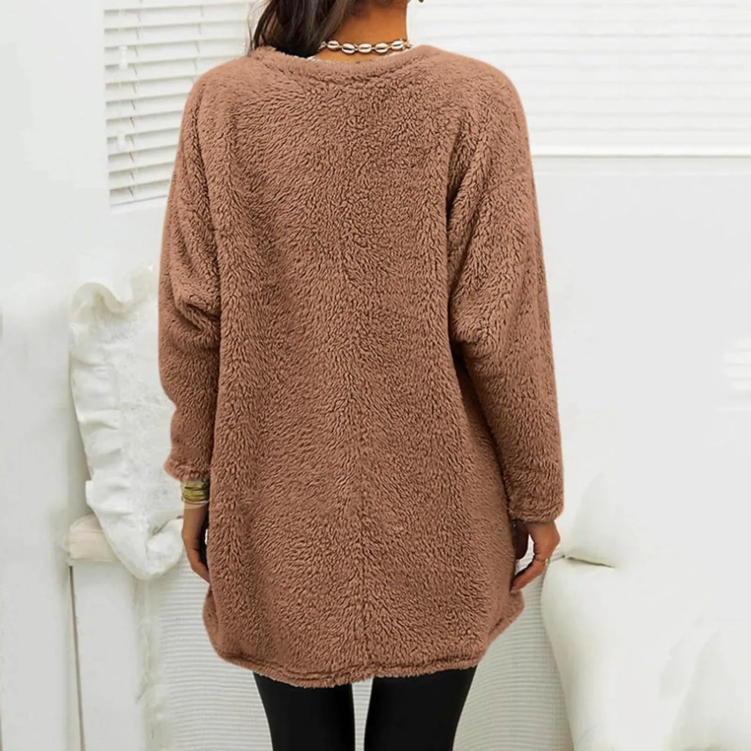 Fall Sweaters for Women 2024 Long Fuzzy Fleece Pullover Trendy Casual Crewneck Sweatshirt Shaggy Coat with Pockets