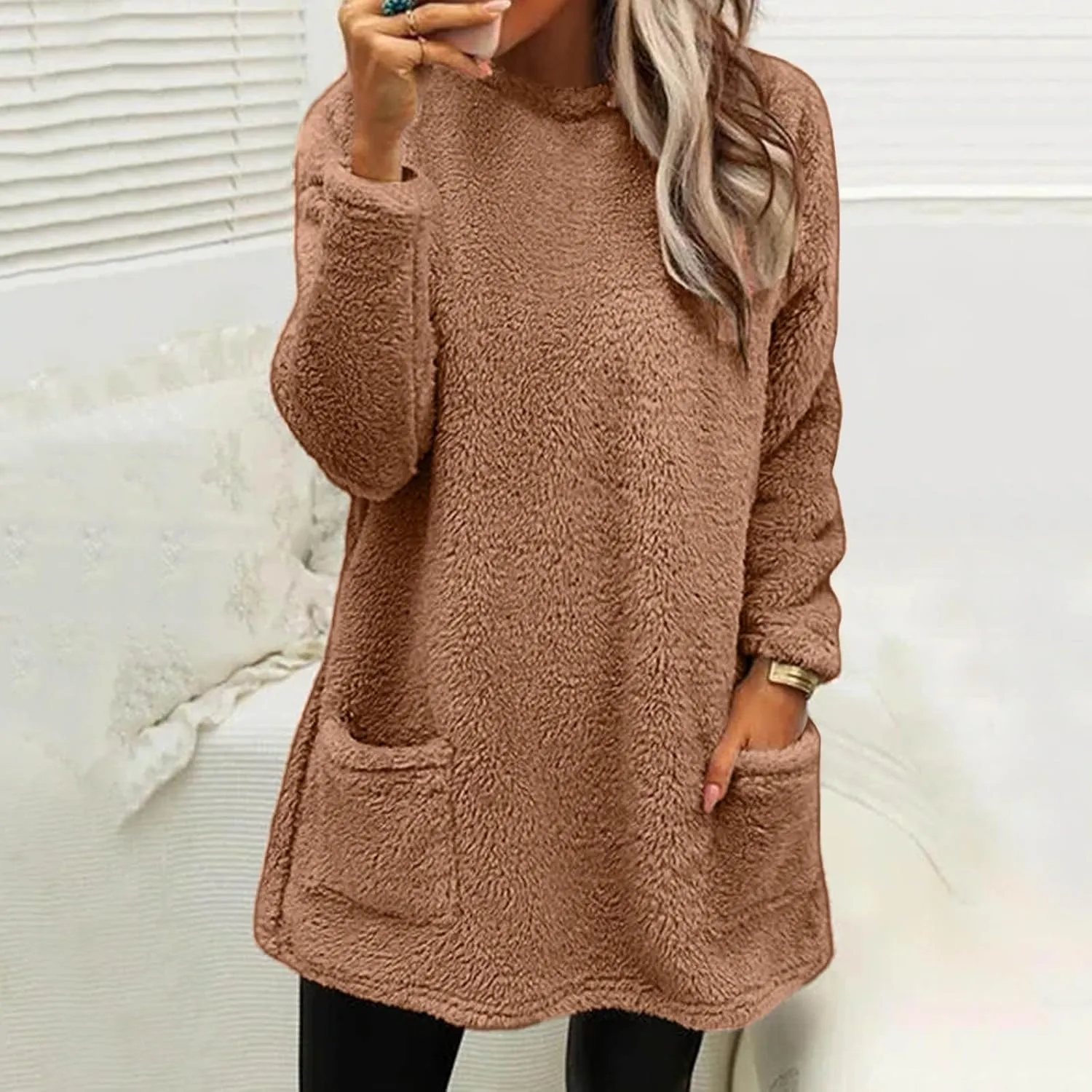 Fall Sweaters for Women 2024 Long Fuzzy Fleece Pullover Trendy Casual Crewneck Sweatshirt Shaggy Coat with Pockets