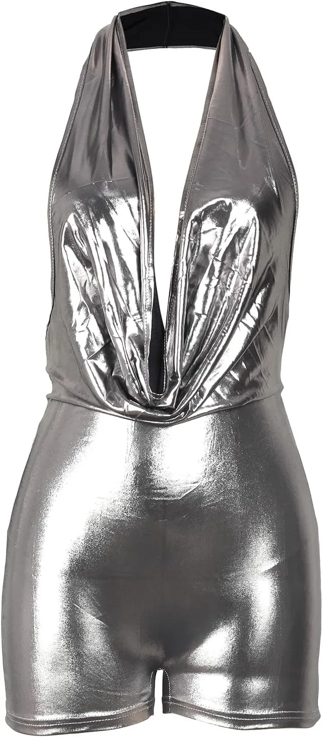 Famnbro Womens Sexy Romper Halter Deep V Neck Shiny Metallic Sleeveless One Piece Jumpsuits Rave Outfit Clubwear