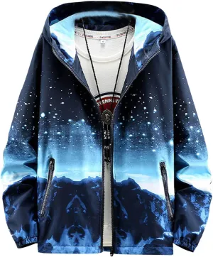Finelylove Mens Lightweight Casual Jacket Gardient Hooded Windbreaker Full Zip Fashion Graphic Jacket with Zip Pockets