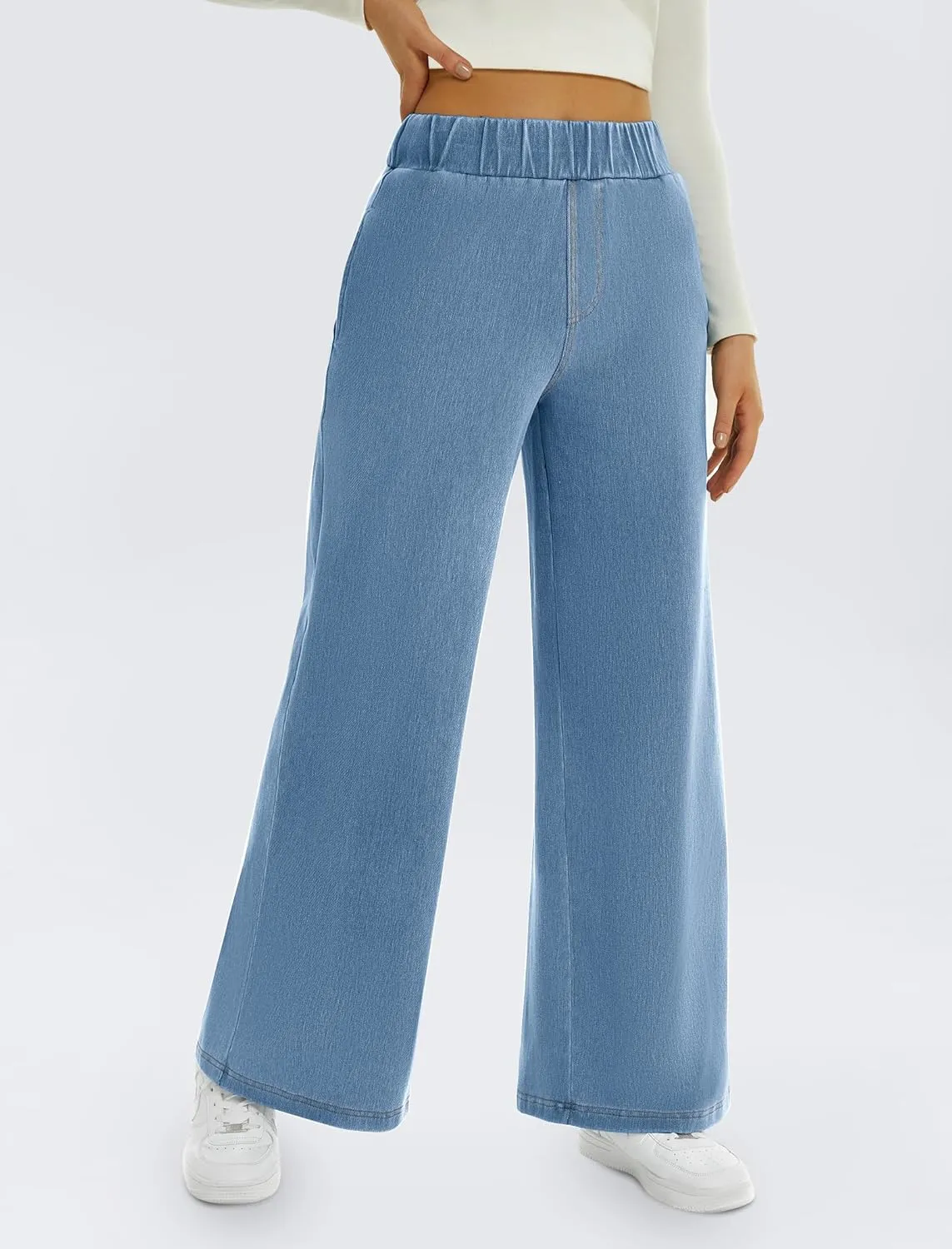 FireSwan Women's Wide Leg Jeans Stretchy Mid Rise Elastic Waist Jeans Baggy Loose Denim Pants with Pockets Trendy Casual