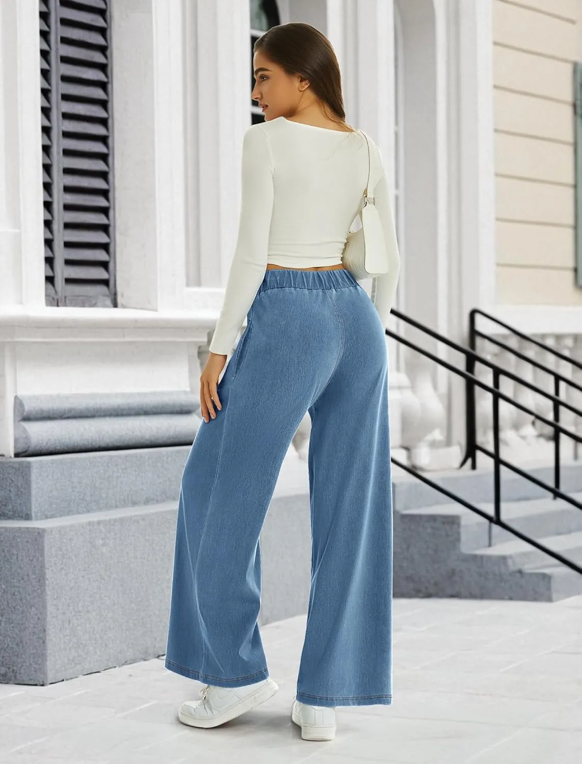 FireSwan Women's Wide Leg Jeans Stretchy Mid Rise Elastic Waist Jeans Baggy Loose Denim Pants with Pockets Trendy Casual