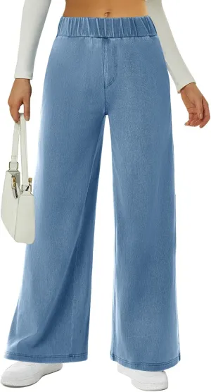 FireSwan Women's Wide Leg Jeans Stretchy Mid Rise Elastic Waist Jeans Baggy Loose Denim Pants with Pockets Trendy Casual