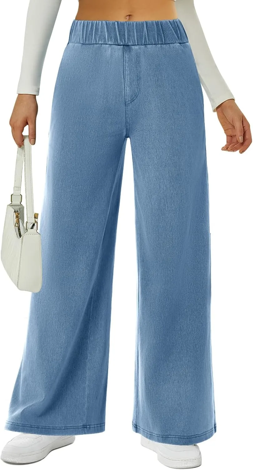 FireSwan Women's Wide Leg Jeans Stretchy Mid Rise Elastic Waist Jeans Baggy Loose Denim Pants with Pockets Trendy Casual