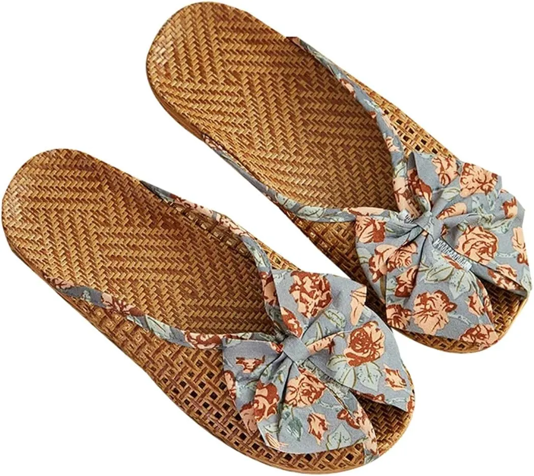 Flat Slippers for Woman Men Open Toe Floral Sandals Casual Slipper Bowknot Beach Shower Shoes Summer Non-Slip Slides