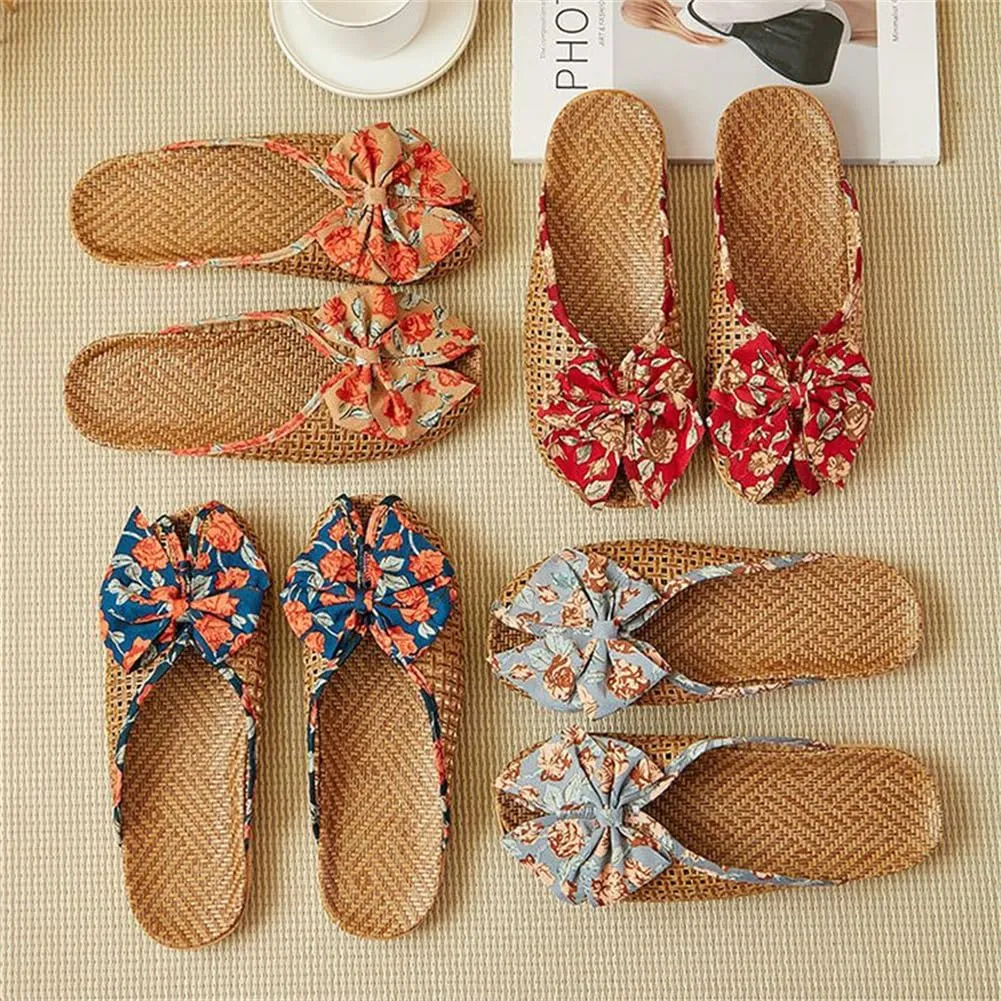 Flat Slippers for Woman Men Open Toe Floral Sandals Casual Slipper Bowknot Beach Shower Shoes Summer Non-Slip Slides