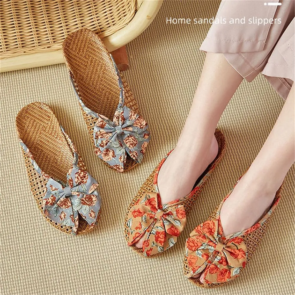 Flat Slippers for Woman Men Open Toe Floral Sandals Casual Slipper Bowknot Beach Shower Shoes Summer Non-Slip Slides