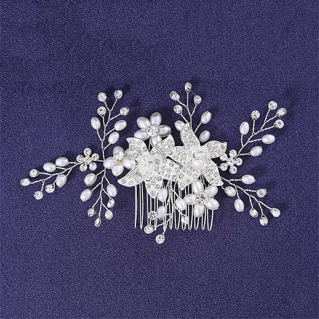 Flower Rhinestones Hair Comb Headband Accessories For Women Party Prom Bridal Wedding Hair Jewelry Silver