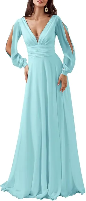 ForElise V-Neck Chiffon Bridesmaid Dresses Long Sleeve Formal Dress for Women Modest A-Line Evening Gown