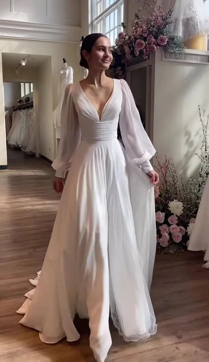 ForElise V-Neck Chiffon Bridesmaid Dresses Long Sleeve Formal Dress for Women Modest A-Line Evening Gown