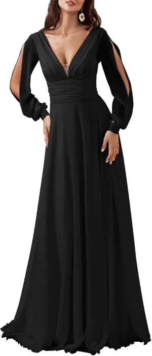 ForElise V-Neck Chiffon Bridesmaid Dresses Long Sleeve Formal Dress for Women Modest A-Line Evening Gown