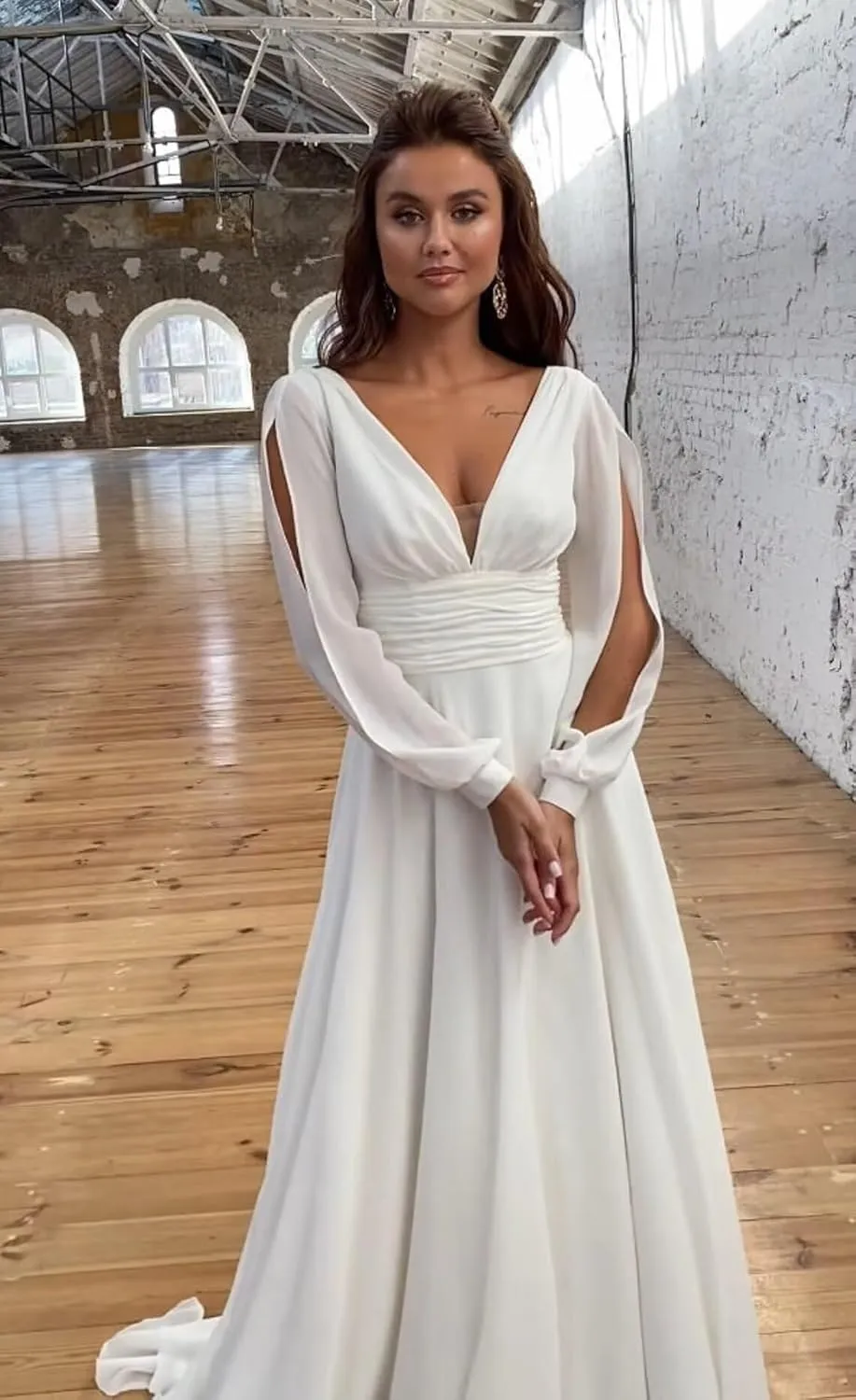 ForElise V-Neck Chiffon Bridesmaid Dresses Long Sleeve Formal Dress for Women Modest A-Line Evening Gown
