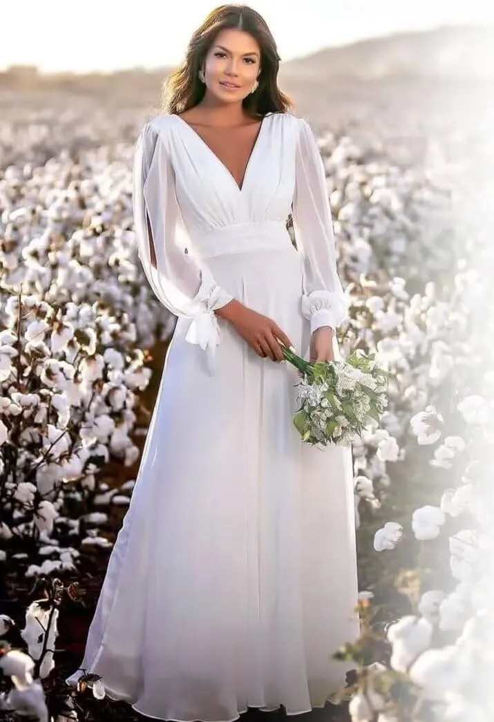 ForElise V-Neck Chiffon Bridesmaid Dresses Long Sleeve Formal Dress for Women Modest A-Line Evening Gown