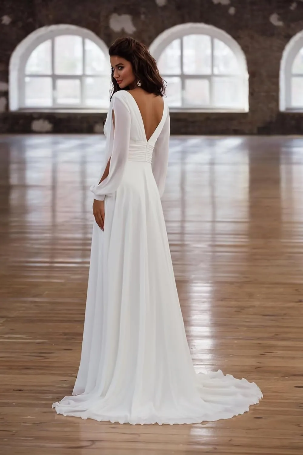 ForElise V-Neck Chiffon Bridesmaid Dresses Long Sleeve Formal Dress for Women Modest A-Line Evening Gown