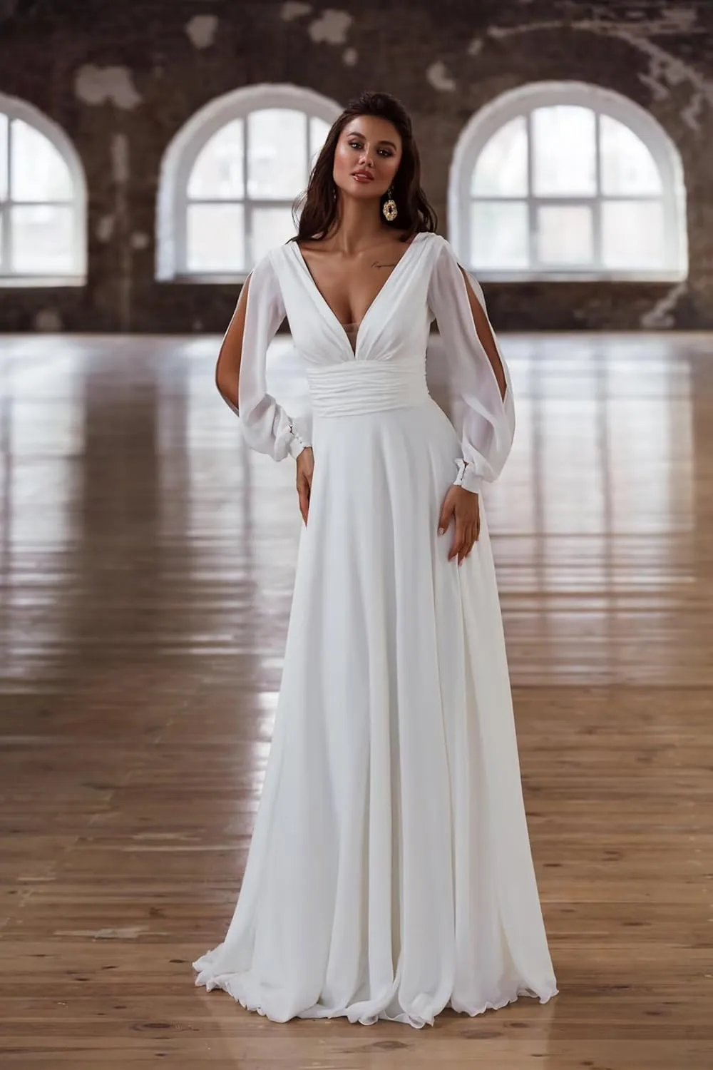 ForElise V-Neck Chiffon Bridesmaid Dresses Long Sleeve Formal Dress for Women Modest A-Line Evening Gown