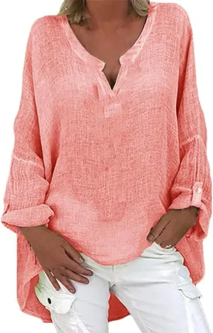 GIERIDUC Women's Long Sleeve Oversized T Shirts Side Slit Loose Casual V Neck Tunic Tops Roll-up Sleeve Soft Tshirts Blouse