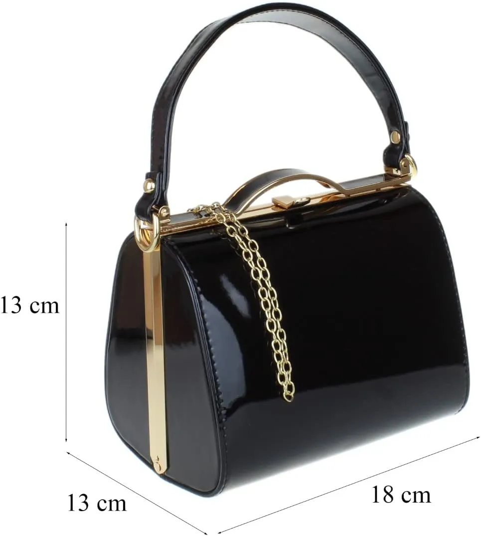 Girly HandBags Glossy Patent Faux Leather Clutch Bag Handle Closure Evening Handbag