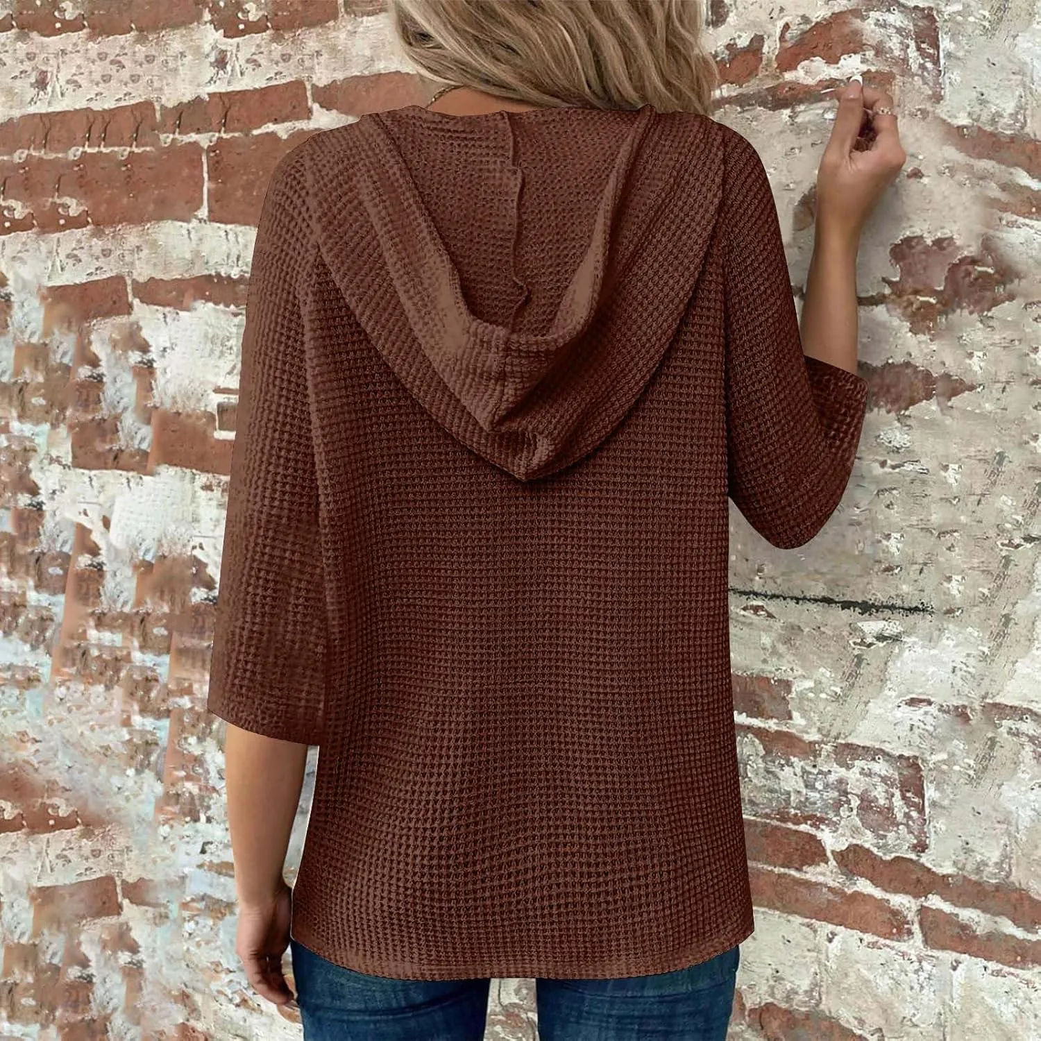 GOFULY Shirts For Women Trendy 3/4 Sleeve Button Summer Waffle Hoodie Henley V Neck Blouses Casual Solid Elbow Sleeve Tops
