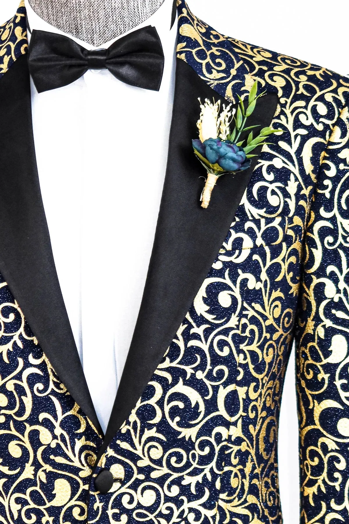 Golden Pattern Navy Prom Blazer with Black Satin Notch Lapel
