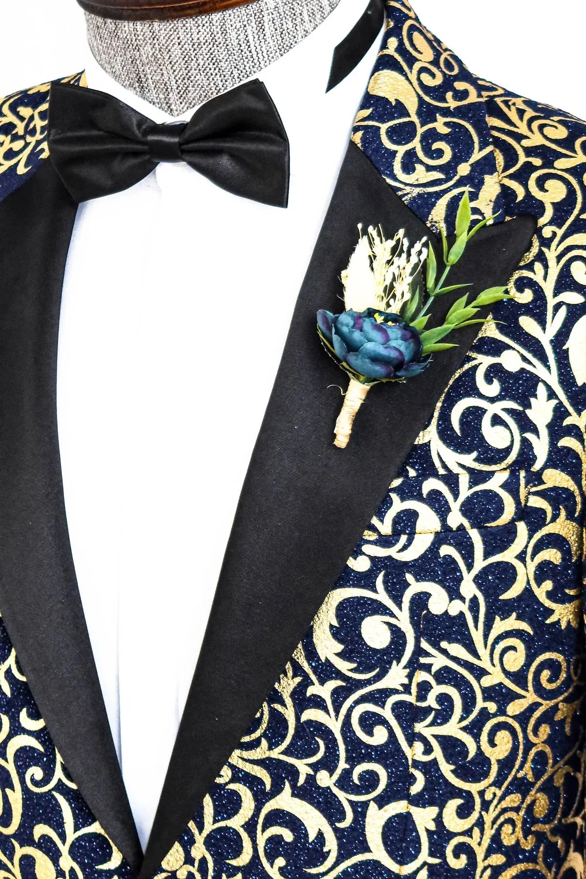 Golden Pattern Navy Prom Blazer with Black Satin Notch Lapel