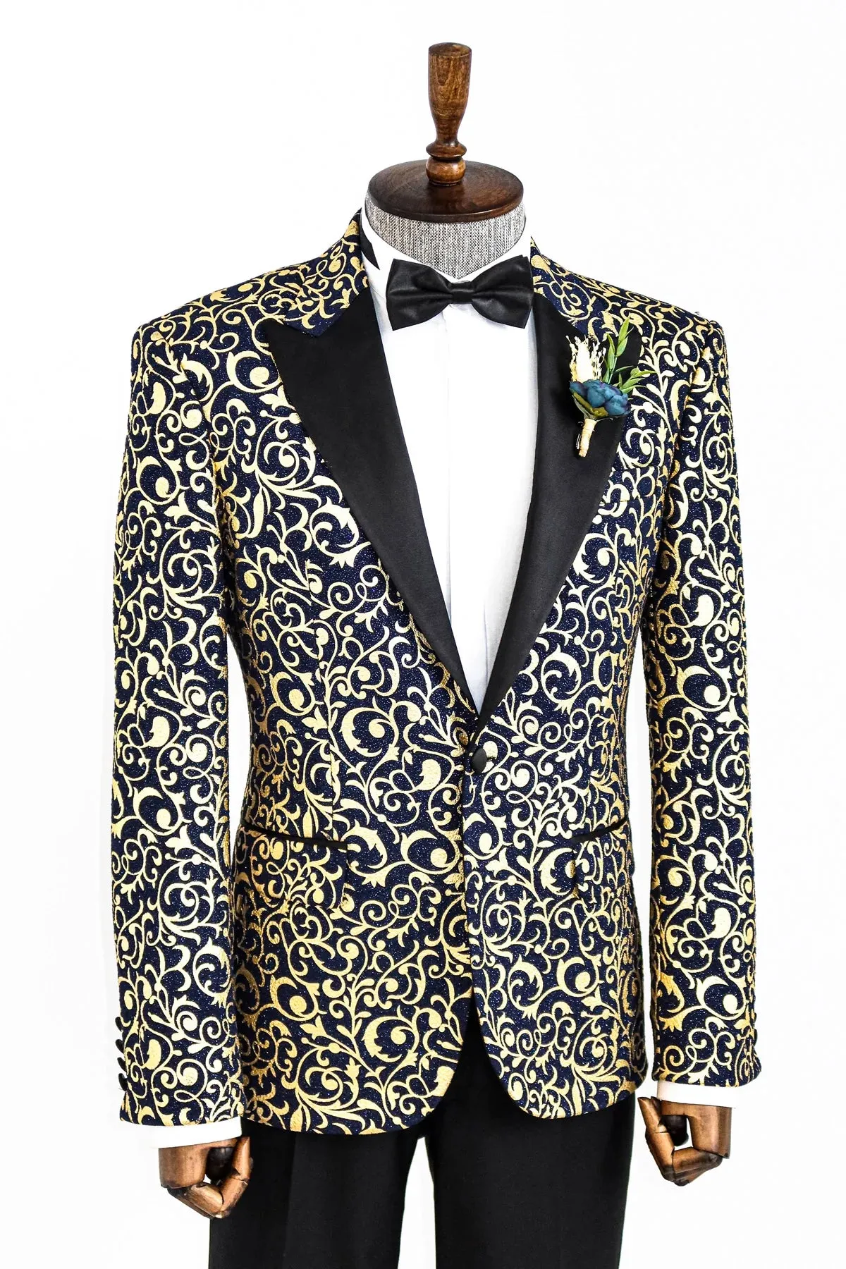 Golden Pattern Navy Prom Blazer with Black Satin Notch Lapel