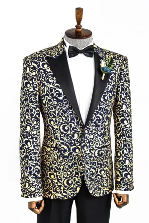 Golden Pattern Navy Prom Blazer with Black Satin Notch Lapel