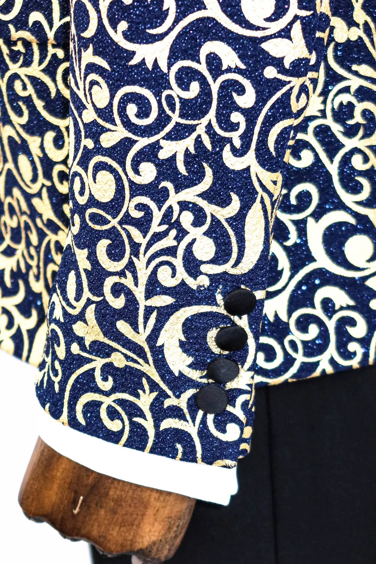 Golden Pattern Navy Prom Blazer with Black Satin Notch Lapel