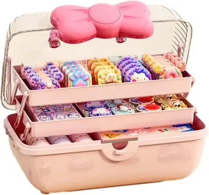 Hair Accessories Storage Box for Girls, 3 Layers Hair Accessory Organizer Box with Handle and Compartments, Craft Storage Boxes Jewellery Box Lockable Container for Hairbands Hair Ties Pins Clips
