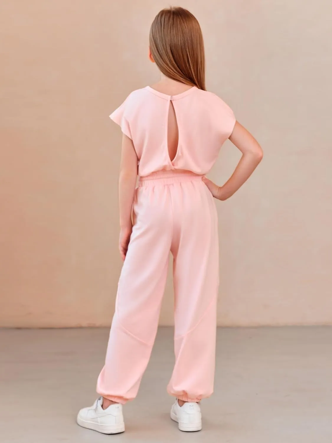 Haloumoning Girls Jumpsuits Kids Fashion Crewneck Elastic Waist Long Pants Rompers with Pockets 5-14 Years