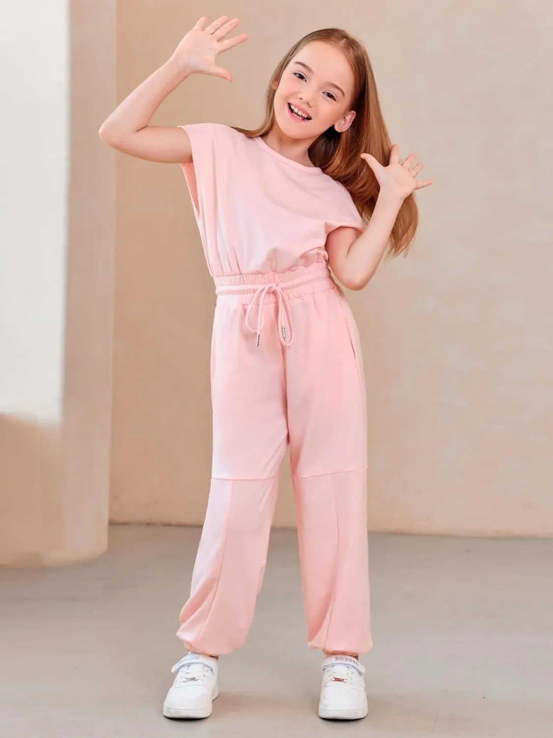 Haloumoning Girls Jumpsuits Kids Fashion Crewneck Elastic Waist Long Pants Rompers with Pockets 5-14 Years