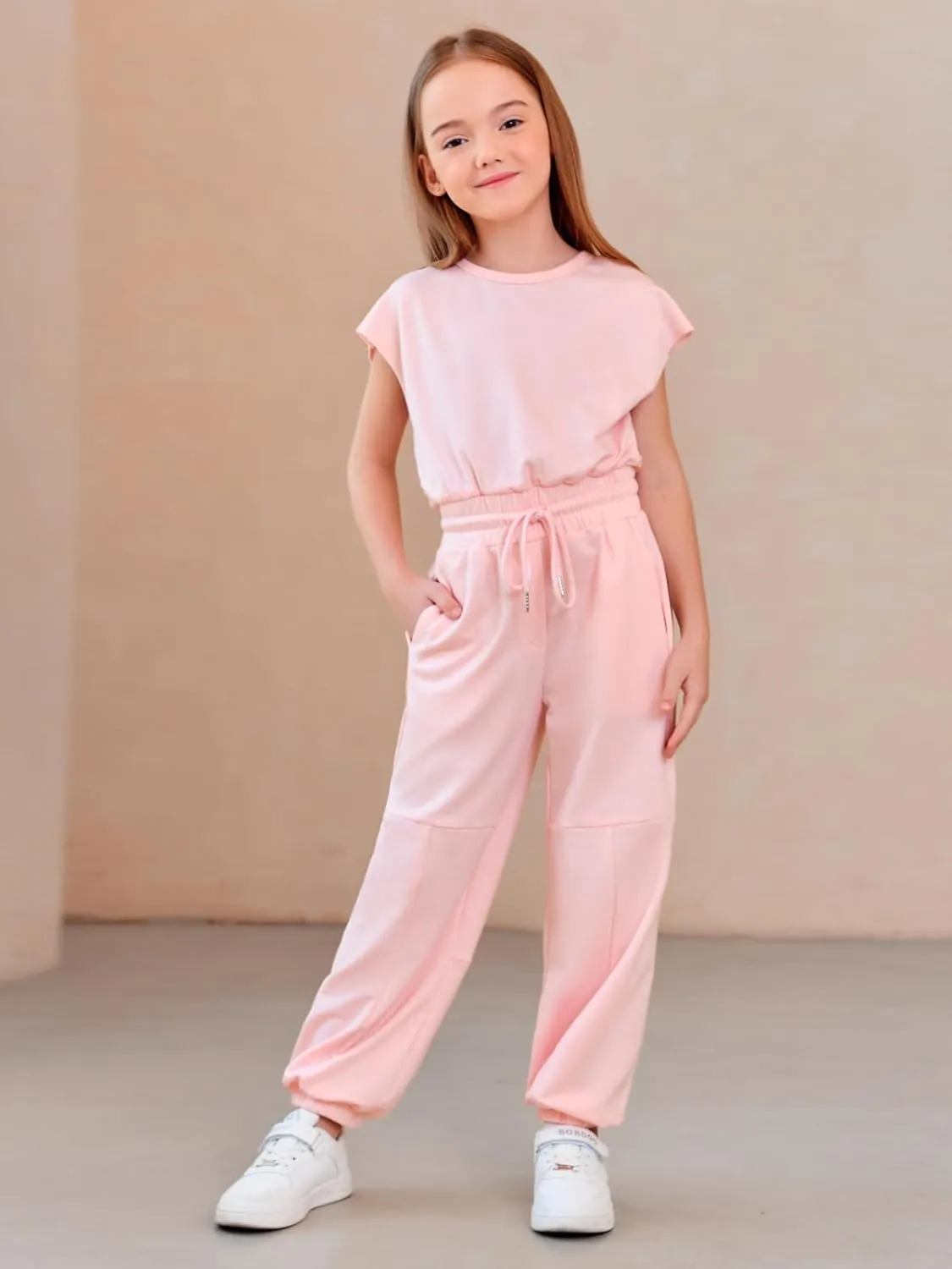Haloumoning Girls Jumpsuits Kids Fashion Crewneck Elastic Waist Long Pants Rompers with Pockets 5-14 Years