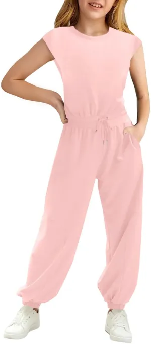 Haloumoning Girls Jumpsuits Kids Fashion Crewneck Elastic Waist Long Pants Rompers with Pockets 5-14 Years