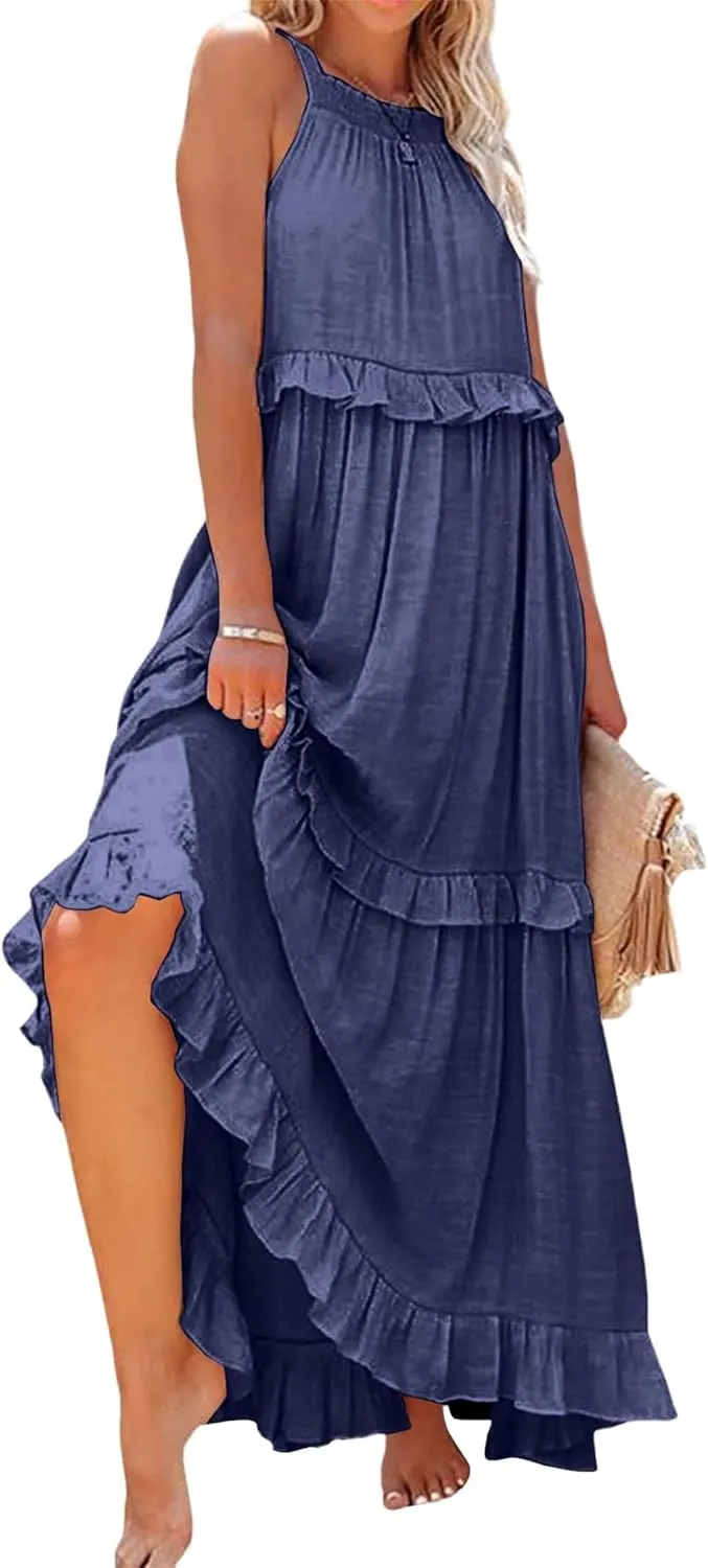 Halter Maxi Dresses for Women 2024 Summer Trendy Sleeveless Maxi Dress Tiered Flowy Dress with Pockets S-XL