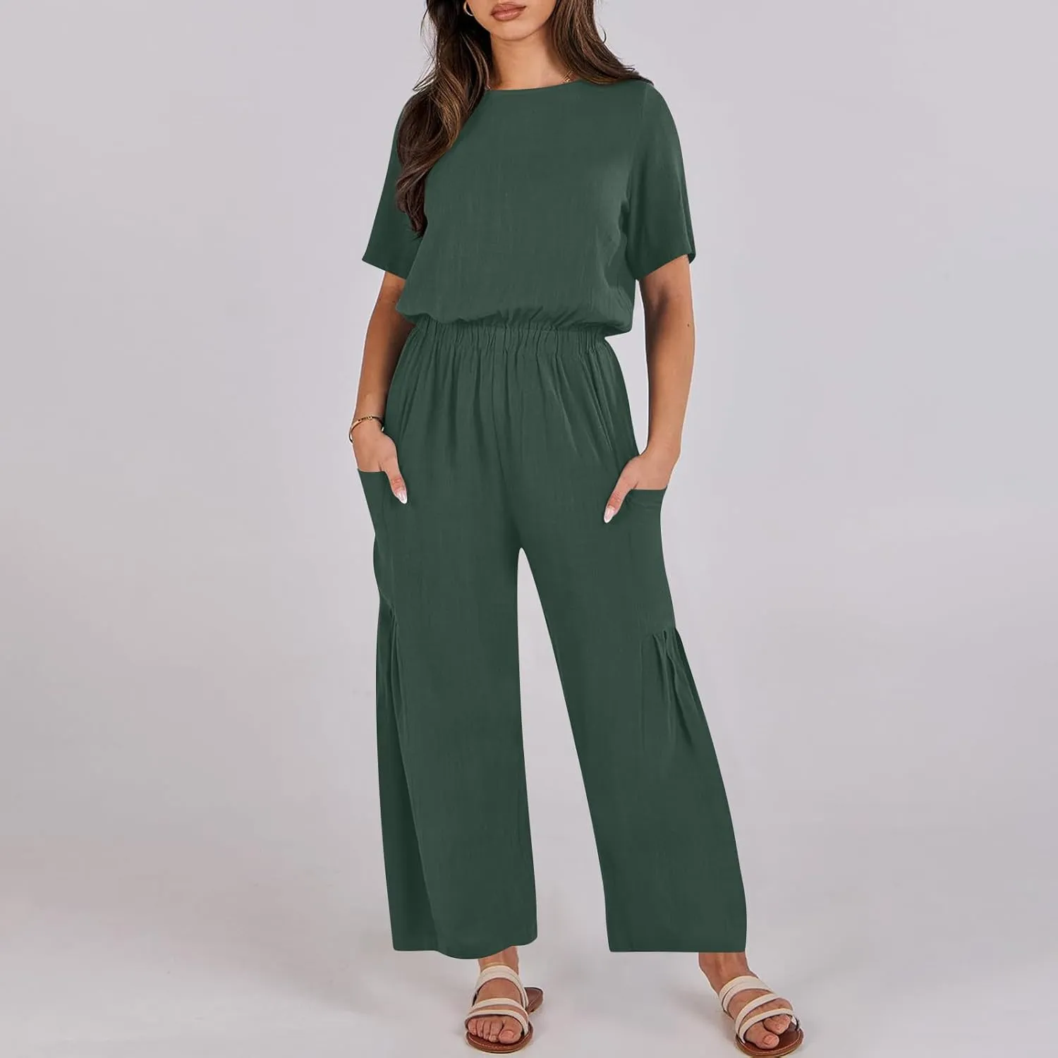 HGps8w Cotton Linen Jumpsuits for Women Casual Wide Leg Pants Romper 2025 Summer Short Sleeve One Piece Outfits with Pockets