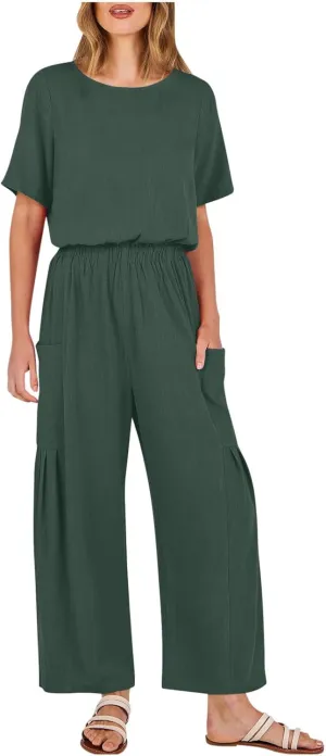 HGps8w Cotton Linen Jumpsuits for Women Casual Wide Leg Pants Romper 2025 Summer Short Sleeve One Piece Outfits with Pockets