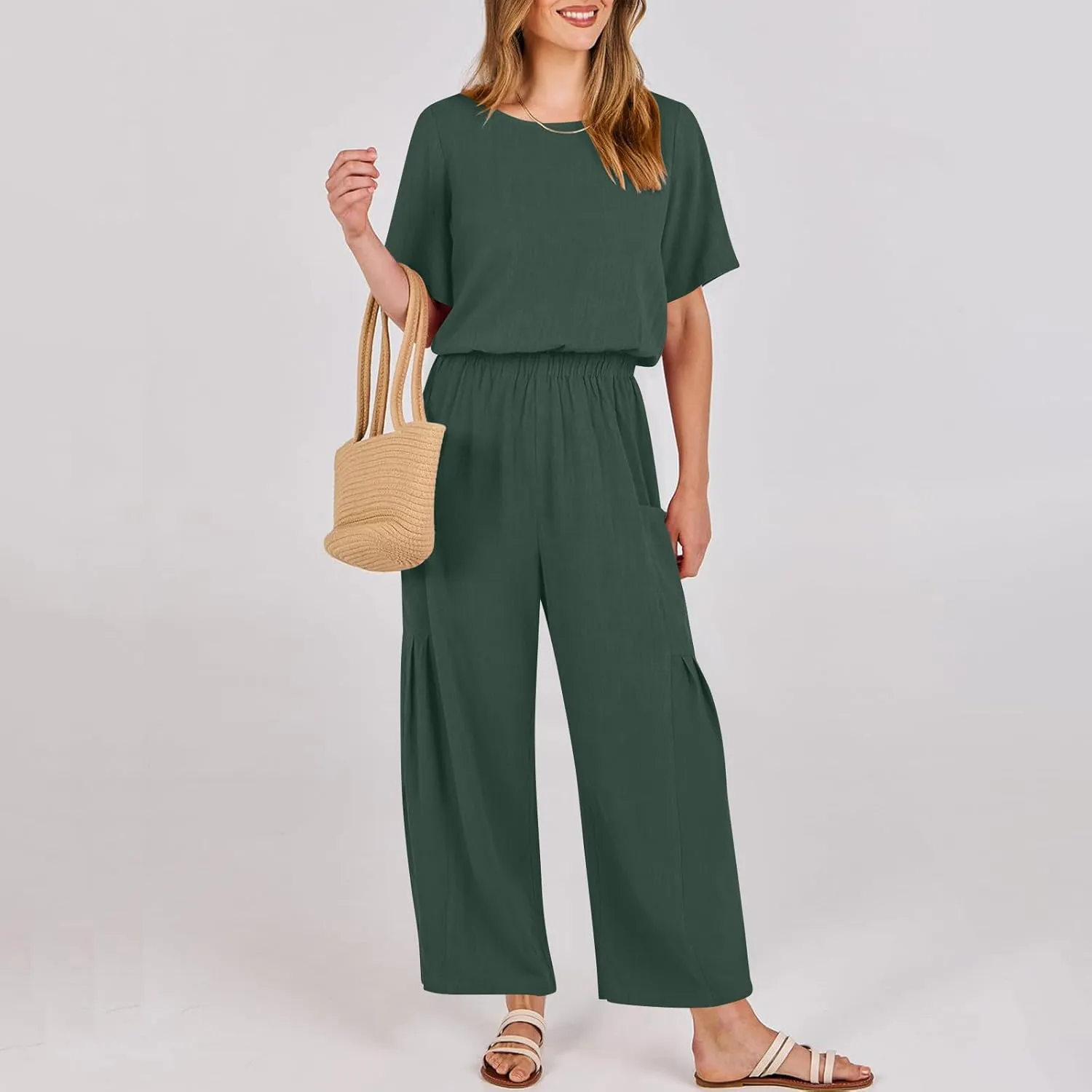 HGps8w Cotton Linen Jumpsuits for Women Casual Wide Leg Pants Romper 2025 Summer Short Sleeve One Piece Outfits with Pockets
