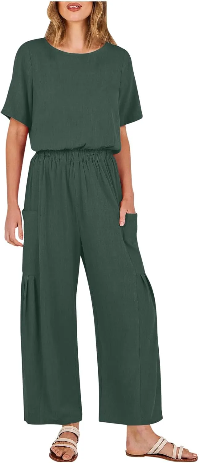 HGps8w Cotton Linen Jumpsuits for Women Casual Wide Leg Pants Romper 2025 Summer Short Sleeve One Piece Outfits with Pockets