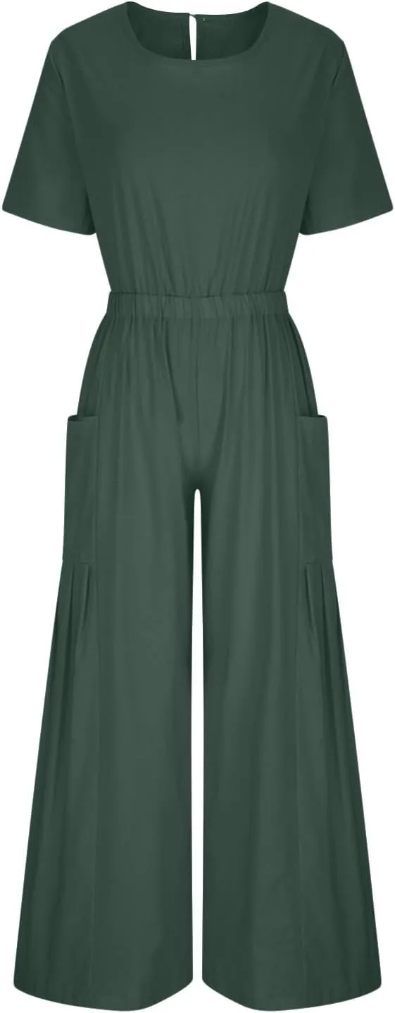 HGps8w Cotton Linen Jumpsuits for Women Casual Wide Leg Pants Romper 2025 Summer Short Sleeve One Piece Outfits with Pockets