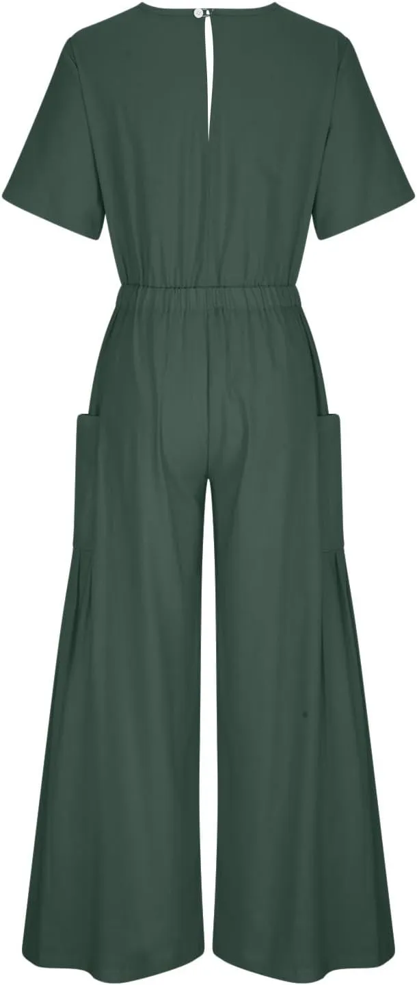 HGps8w Cotton Linen Jumpsuits for Women Casual Wide Leg Pants Romper 2025 Summer Short Sleeve One Piece Outfits with Pockets