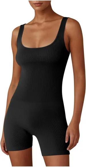 HGps8w Women's Summer Shapewear Rompers Workout One Piece Bodysuits Bodycon Shorts Jumpsuits Yoga Gym Outfits