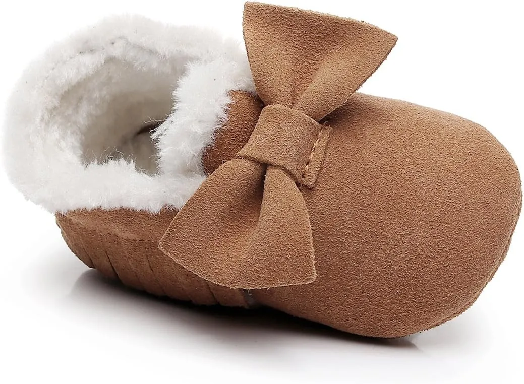 HONGTEYA Baby Moccasins with Fur Fleece Rubber Soles Warm Snow Boots Leather Baby Shoes for Boys Girls??