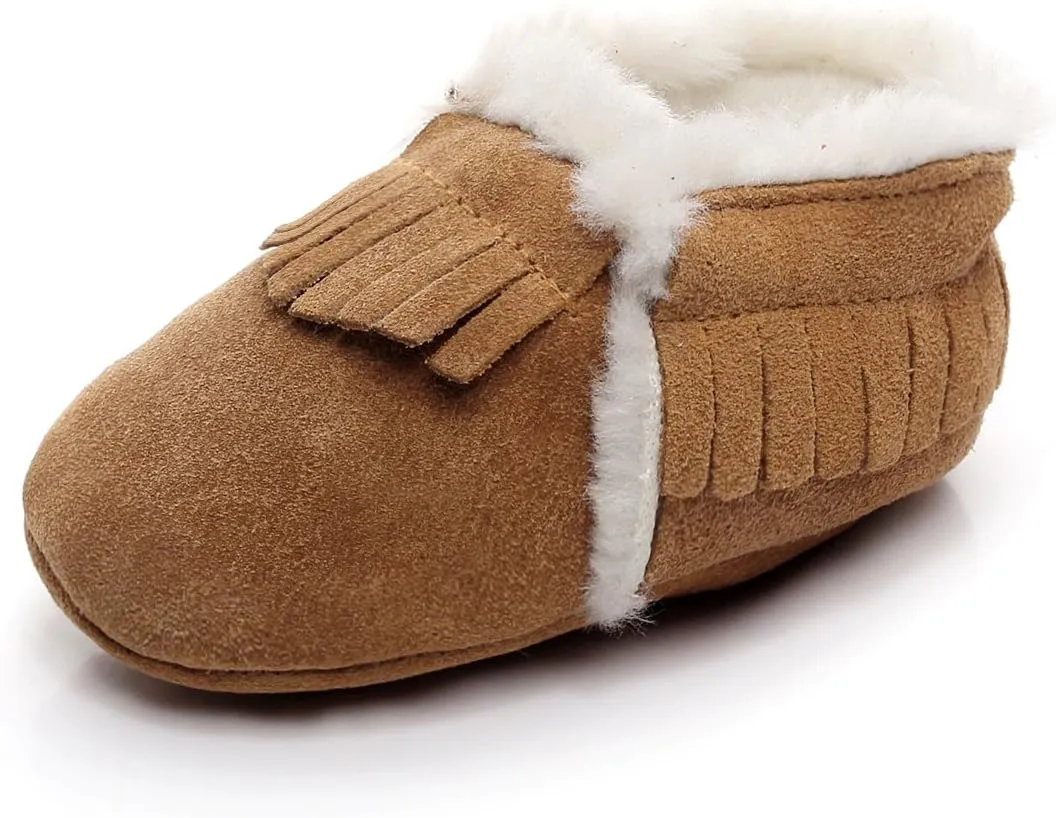 HONGTEYA Baby Moccasins with Fur Fleece Rubber Soles Warm Snow Boots Leather Baby Shoes for Boys Girls??