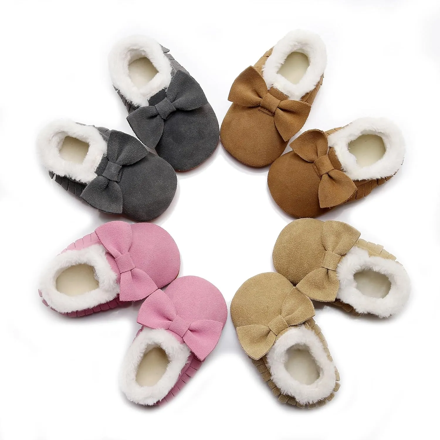 HONGTEYA Baby Moccasins with Fur Fleece Rubber Soles Warm Snow Boots Leather Baby Shoes for Boys Girls??